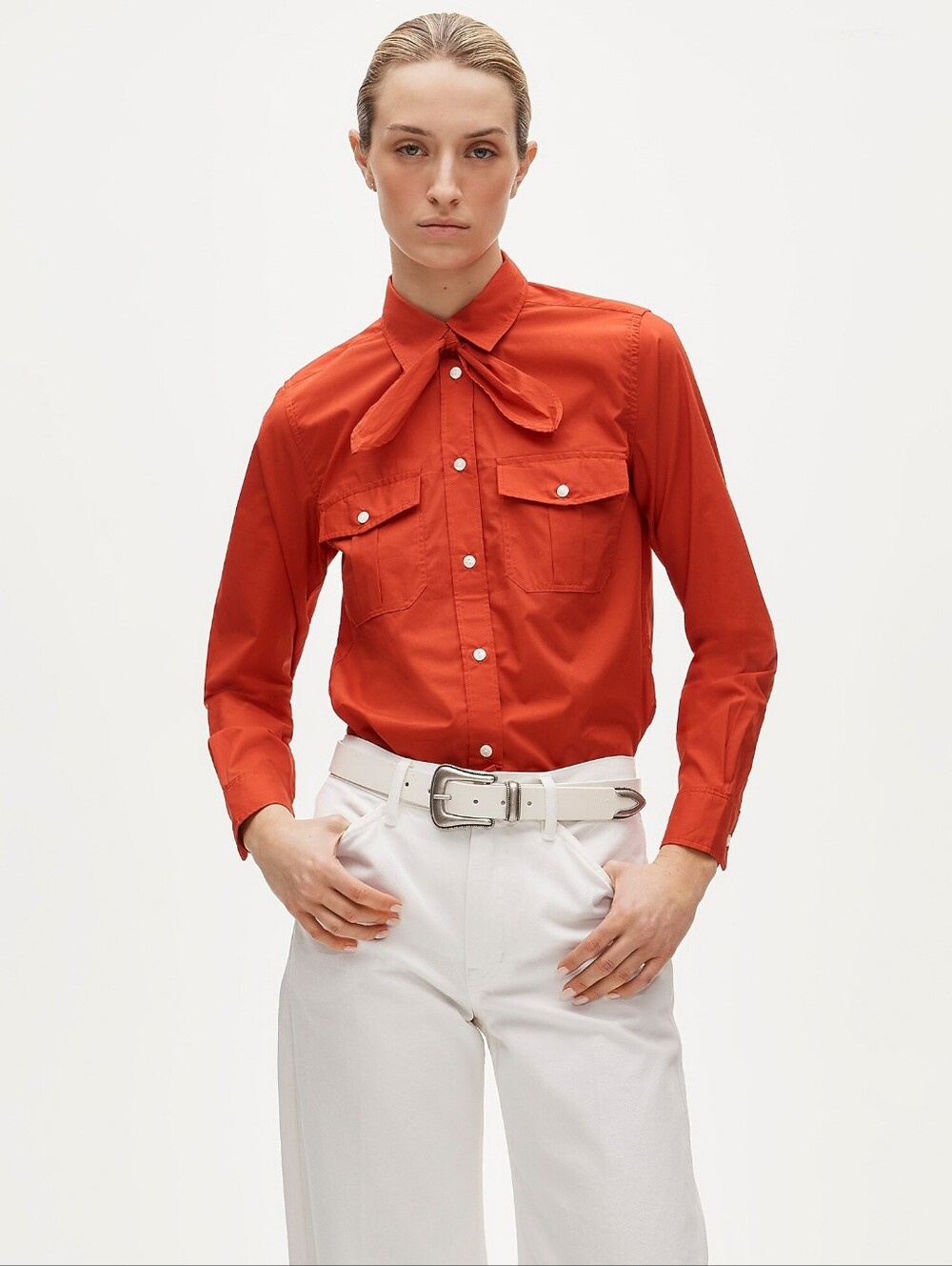 J.Crew Jules Womens Tie Neck Shirt Red Cotton Button Down Classic Fit Size 4 NWT